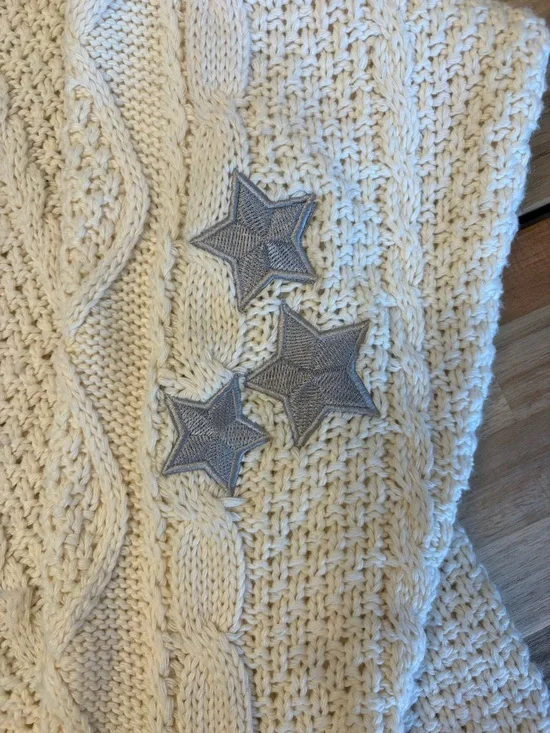 Taylor Swift Folklore Cream Cable Knit Cardigan with Black Trim and Star Elbows - Picture 3 of 16